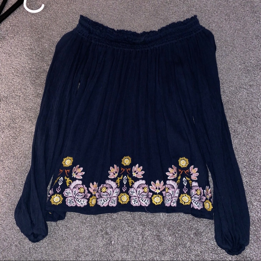 Long Sleeve Navy Off the Shoulder Blouse